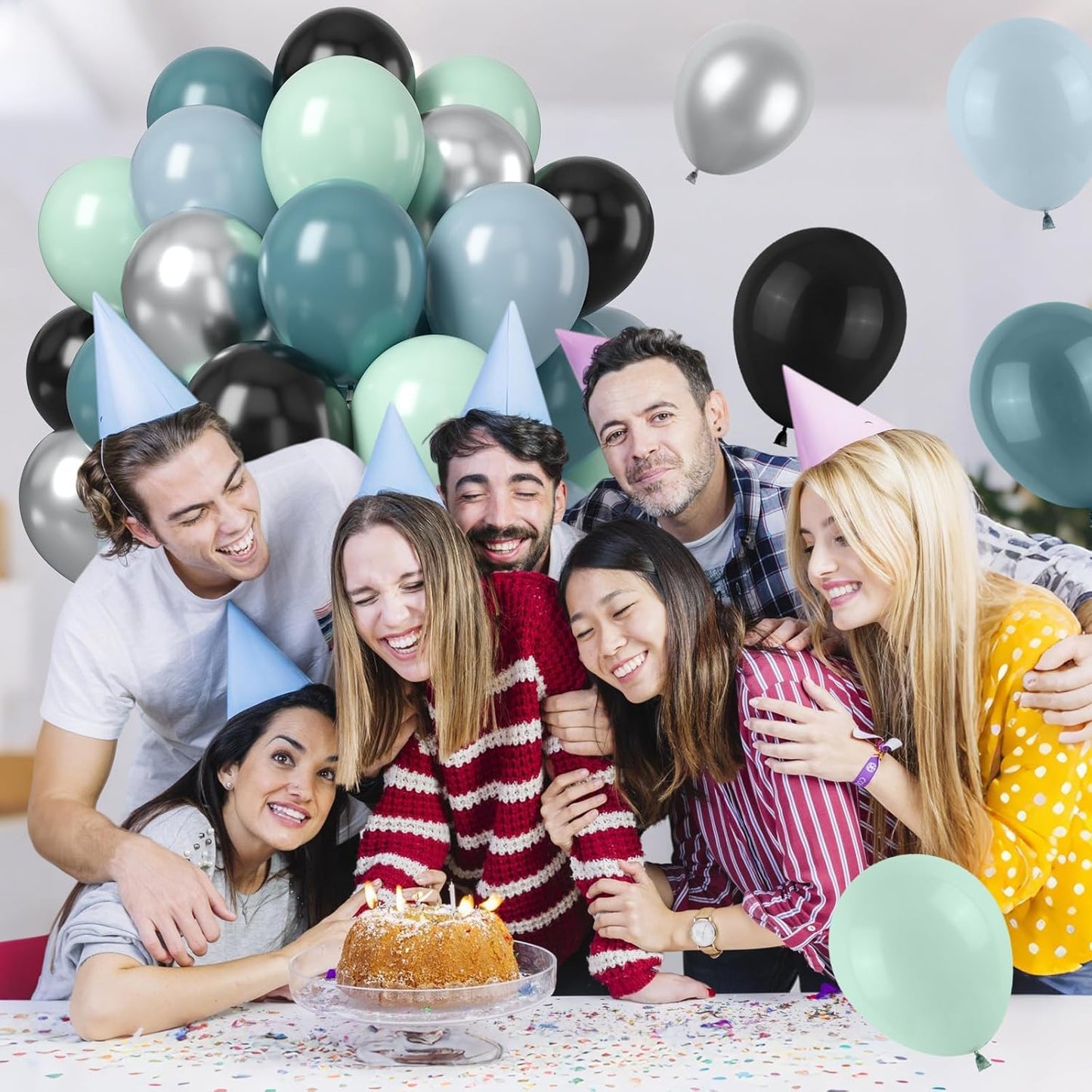 Dusty Blue and Black Balloons, 50pcs 12Inch Race Car Slate Light Pale Blue Pastel Green Black Metallic Silver Latex Helium Balloon for Boys Birthday Baby Shower Party Decorations