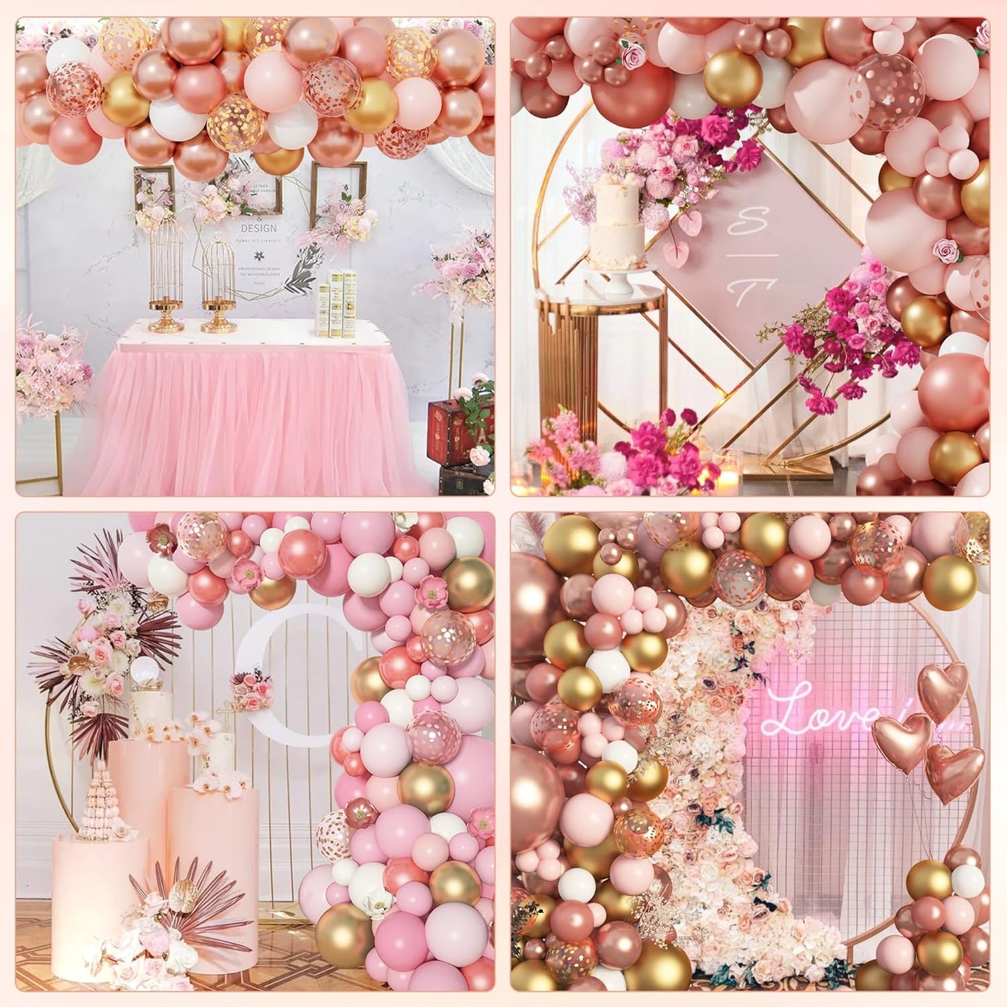 Amandir 153pcs Rose Gold Balloon Garland Arch Kit, Different Sizes 18 12 10 5 inch Pink White Gold Latex Metallic Confetti Balloons for Girls Graduation Birthday Bridal Baby Shower Party Decorations