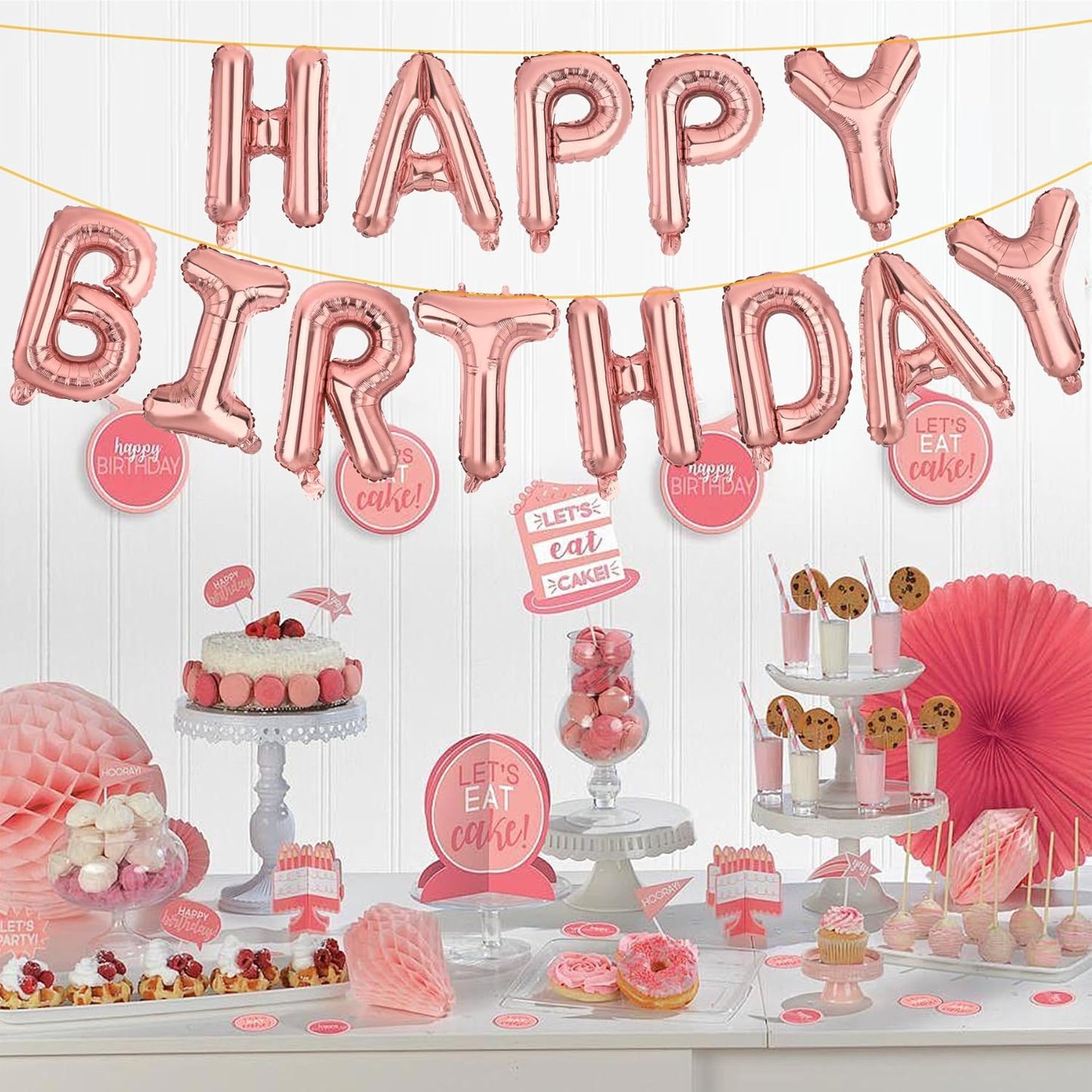 LIOZEOKUN Happy Birthday Balloon Letters 16 inch Mylar Foil Birthday Balloons Banner Sign for Birthday Party Decorations Supplies (Rose gold)