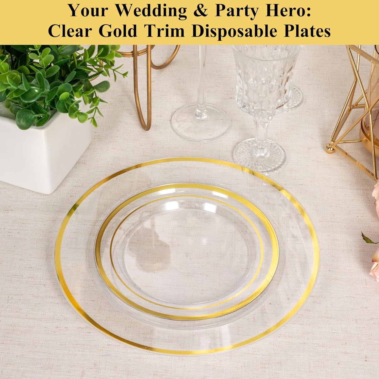 Goodluck 100PCS Clear Gold Plastic Plates, 10.25 Inch Dinner Plate with Silver Rim, Heavy Duty Disposable Plastic Plates for Party, Wedding, Birthday & Daily Use