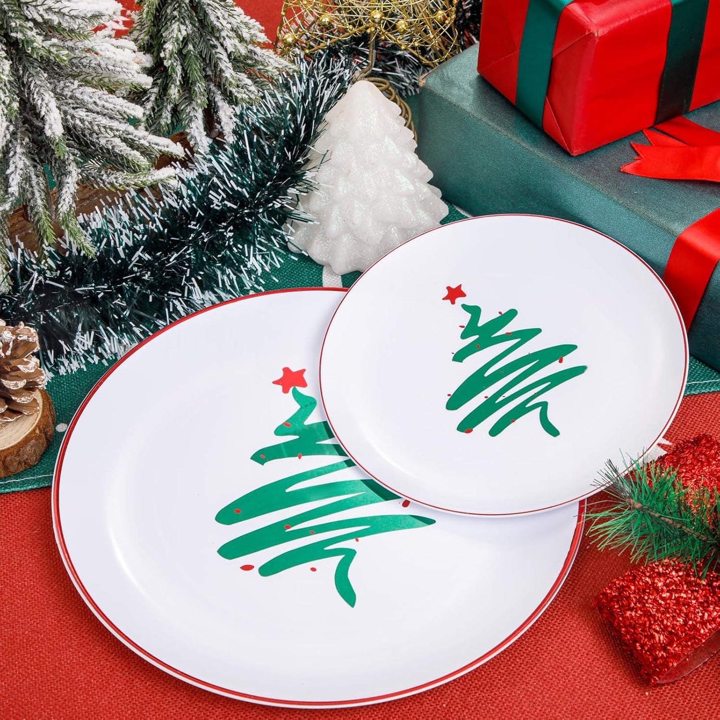 LIYH 60 Pcs Christmas Plates Disposable Heavy Duty, White Plastic Christmas Plates with Red Rim, Tableware Dishes, Xmas Party Decorations Holiday Party Supplies Serve for 30 Guests