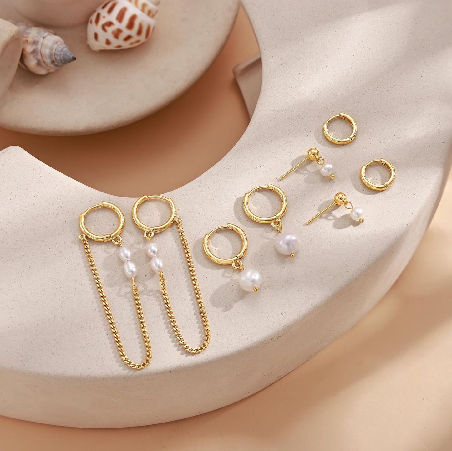 Moodear Gold Earrings for Women No Tarnish - Trendy 14K Gold Plated Pearl Hoop Studs Chain Earrings Stacks for Women Wedding Jewelry Gift