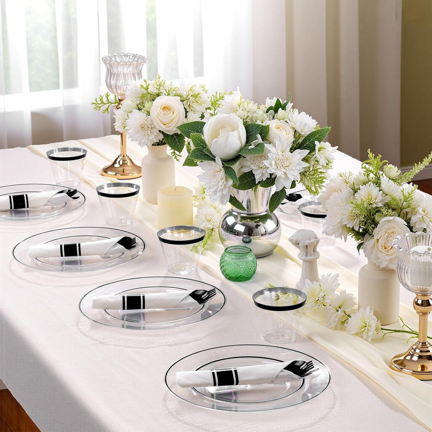 SUT 175 Pcs Black and Clear Plastic Dinnerware Set for 25 Guests, Include: 25 Dinner Plates, 25 Dessert Plates, 25 Pre Rolled Napkins With Silverware, 25 Cups, Disposable Plates for Party