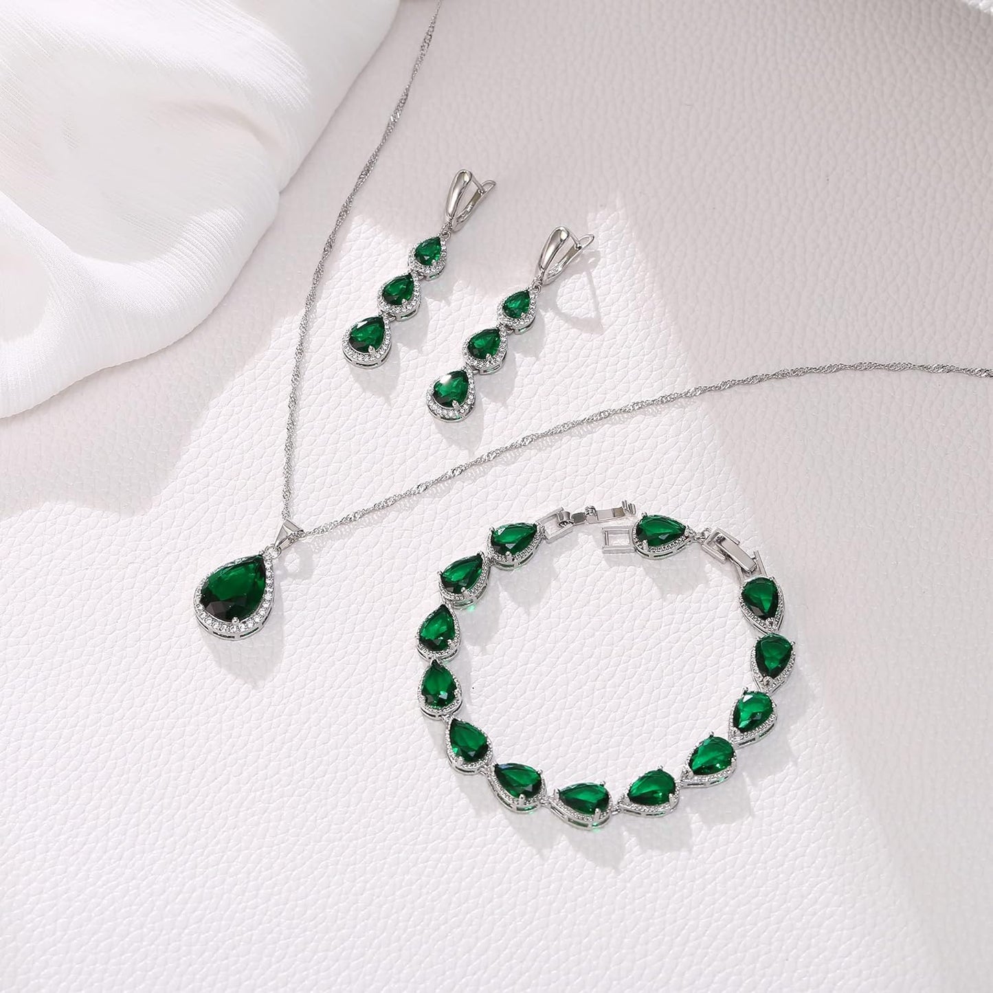 EleQueen Water Drop Pendant Necklace Long Dangle Earrings Tennis Bracelet Set, Sparkle Cubic Zirconia Teardrop Wedding Jewelry Sets for Bride Bridesmaid