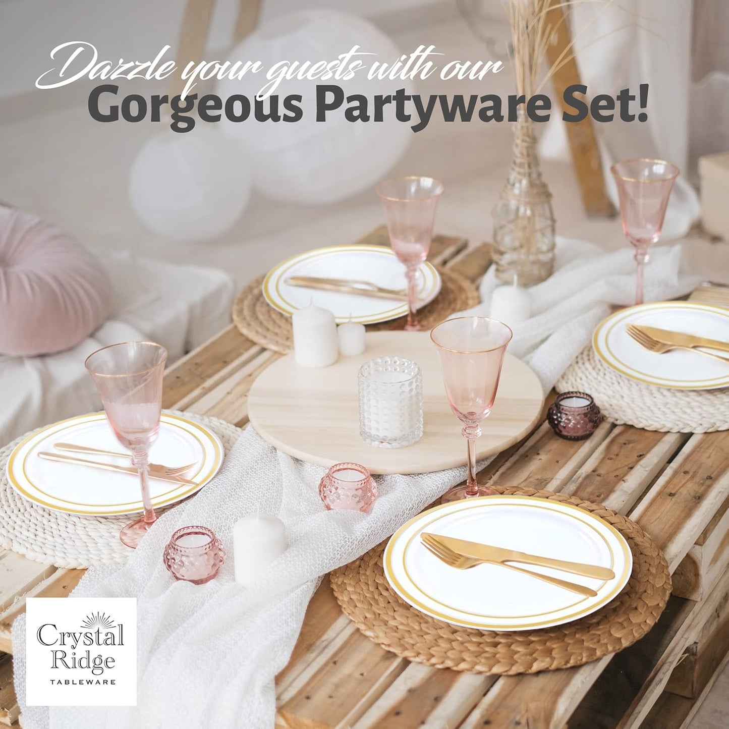 100-Piece Plastic Plates Set Premium 50 Dinner Plates & 50 Salad Plates Pack, Disposable Plates for Party - White Plastic Wedding Plates with Gold Rim