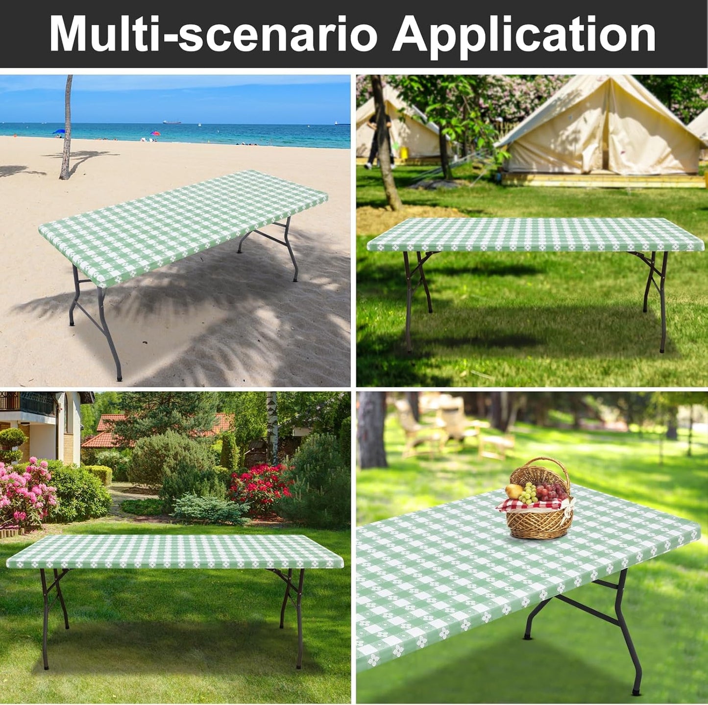 Rectangle Vinyl Table Cloth, Waterproof Elastic Fitted Tablecloth with Flannel Backing, Plastic Table Cover for Picnic, Camping, Outdoor (White & Sage Green, 30"x96")