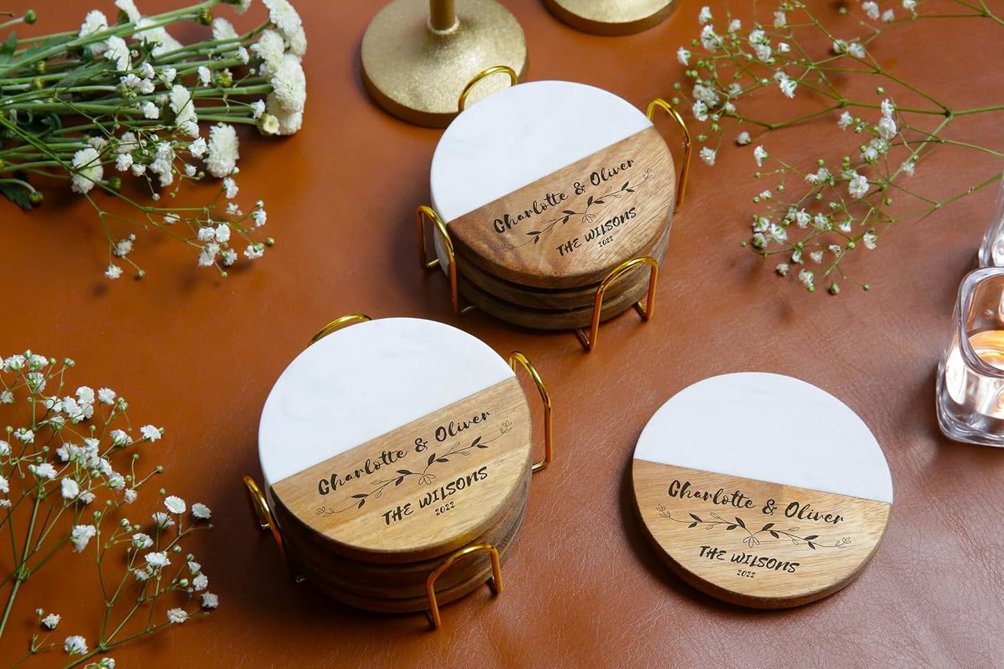 Personalized Coasters for Couples, Wedding, Housewarming Gifts for Home Decorataions, Custom Coaster for Newlyweds, Anniversary, Christmas, Engagements, Valentines Day, Two-Tone Marble and Wood