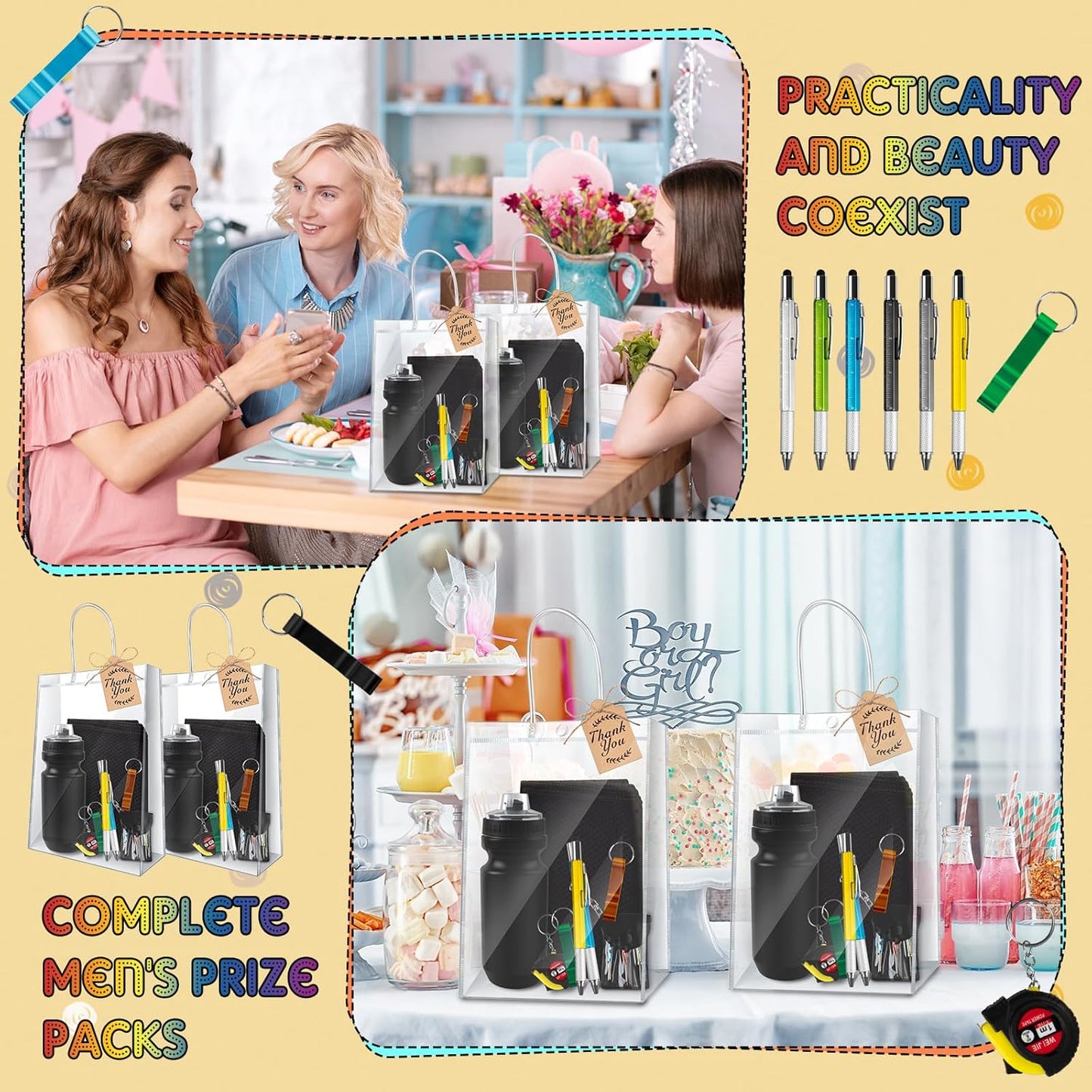 6 Sets Baby Shower Prizes for Men with Kettle Ruler Pen Cooling Towel Tool Kit Bottle Opener Cardboard Hemp Rope Plastic Bag for Baby Shower Game Winners Men Bachelor Party