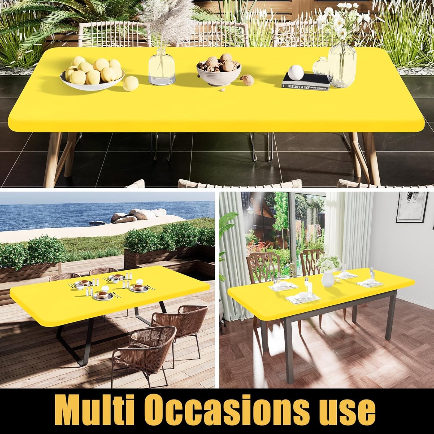 Smiry Rectangle Tablecloth, Elastic Fitted Flannel Backed Vinyl Tablecloths for 8ft Folding Tables, Waterproof Wipeable Table Covers for Indoor, Outdoor, Picnic and Camping (Yellow, 30"x96")