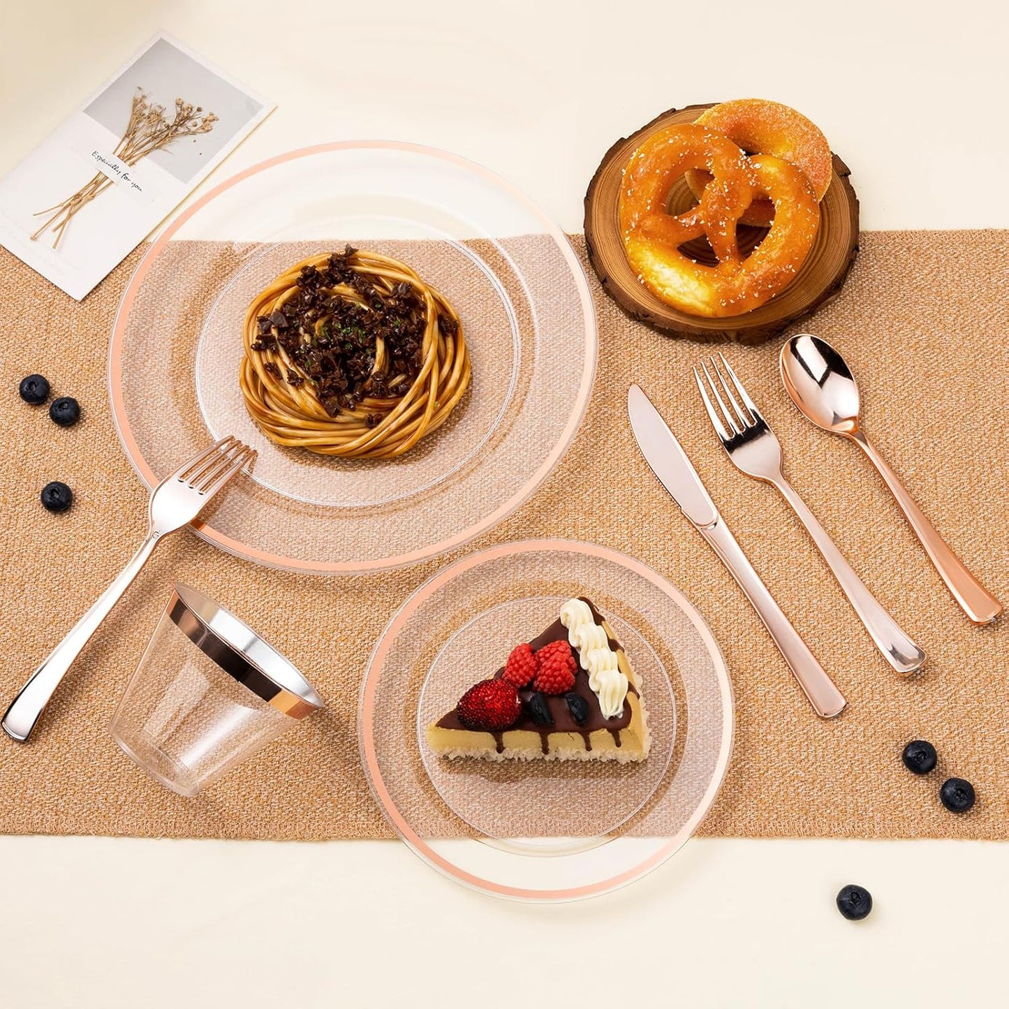 200PCS Rose Gold and Clear Plastic Plates, Rose Gold Disposable Plate Set with 100 Dinner Plates and 100 Dessert Plates for Party