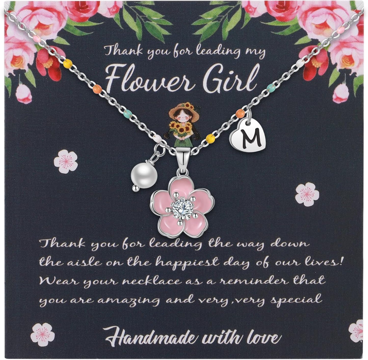 DS Flower Girl Necklace Gifts |Heart Initial Letter Flower Necklaces with Pearl Charm for Women | Personalized Wedding Proposal Bridal Shower Party Jewelry Gift | 18K Gold Plated Stainless Steel