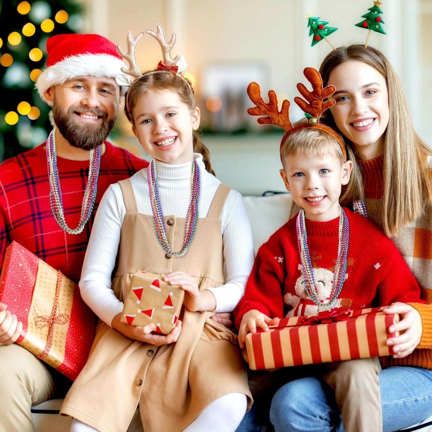 48 Pack Mardi Gras Beads Necklaces, 33 Inch Plastic Beads for Party Favors, Festival Decorations, Parade Throws, Christmas, St. Patrick's Day Celebrations