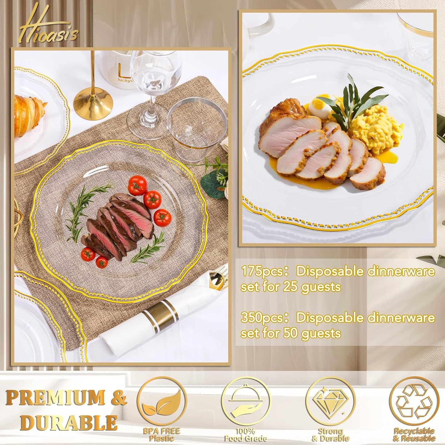 Hioasis 175pcs Clear Gold Plastic Plates - Gold Plastic Dinnerware Set Includes 25 Dinner Plates, 25 Dessert Dinnerware, 25 Cups, 25 Napkins Perfect for Wedding & Party