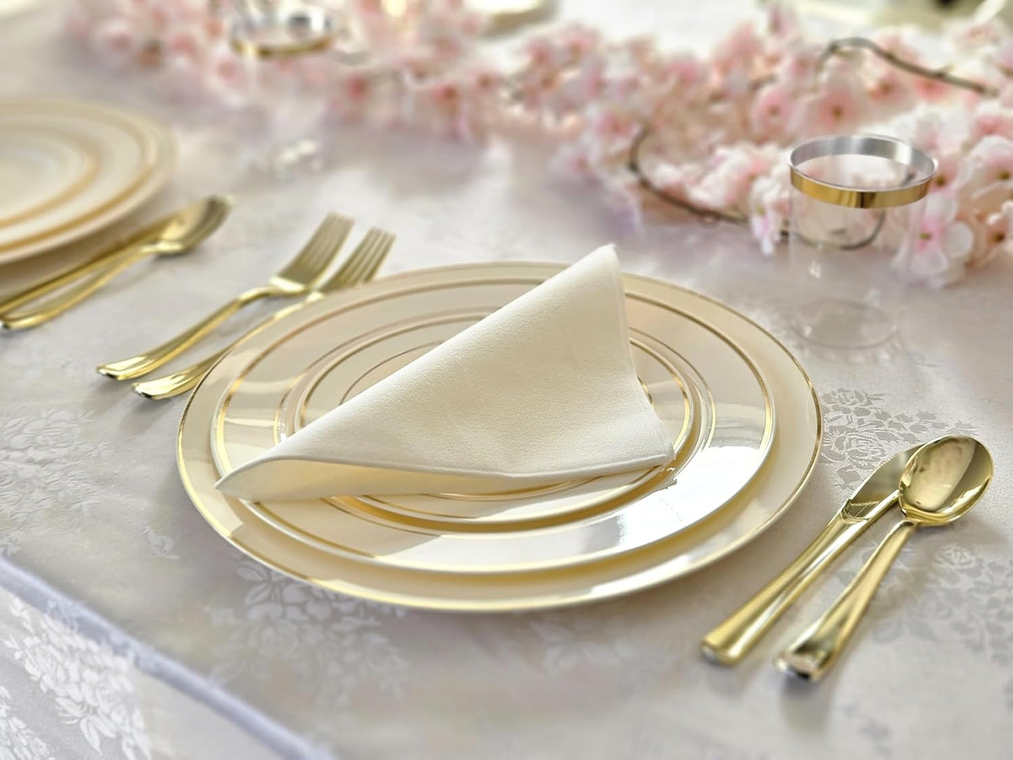 " OCCASIONS " 40 Plates Pack, Heavyweight Disposable Wedding Party Plastic Plates (7.5'' Appetizer/Dessert Plate, Ivory & Gold Rim)