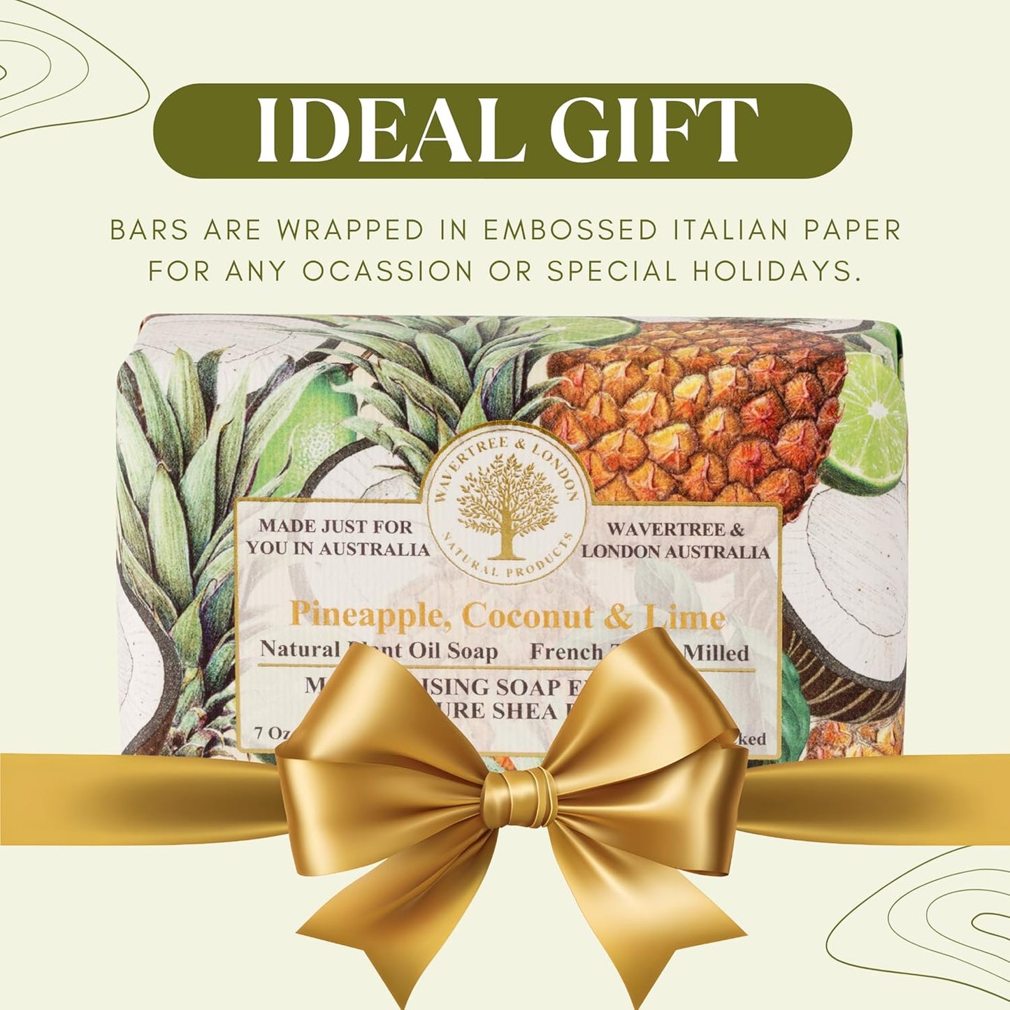 Wavertree & London Pineapple, Coconut & Lime Scented Natural Soap (2 Bars), 7oz Moisturizing French Triple Milled Soap Bars enriched with shea butter - Pure Plant Oil Bath & Body Soap Bars