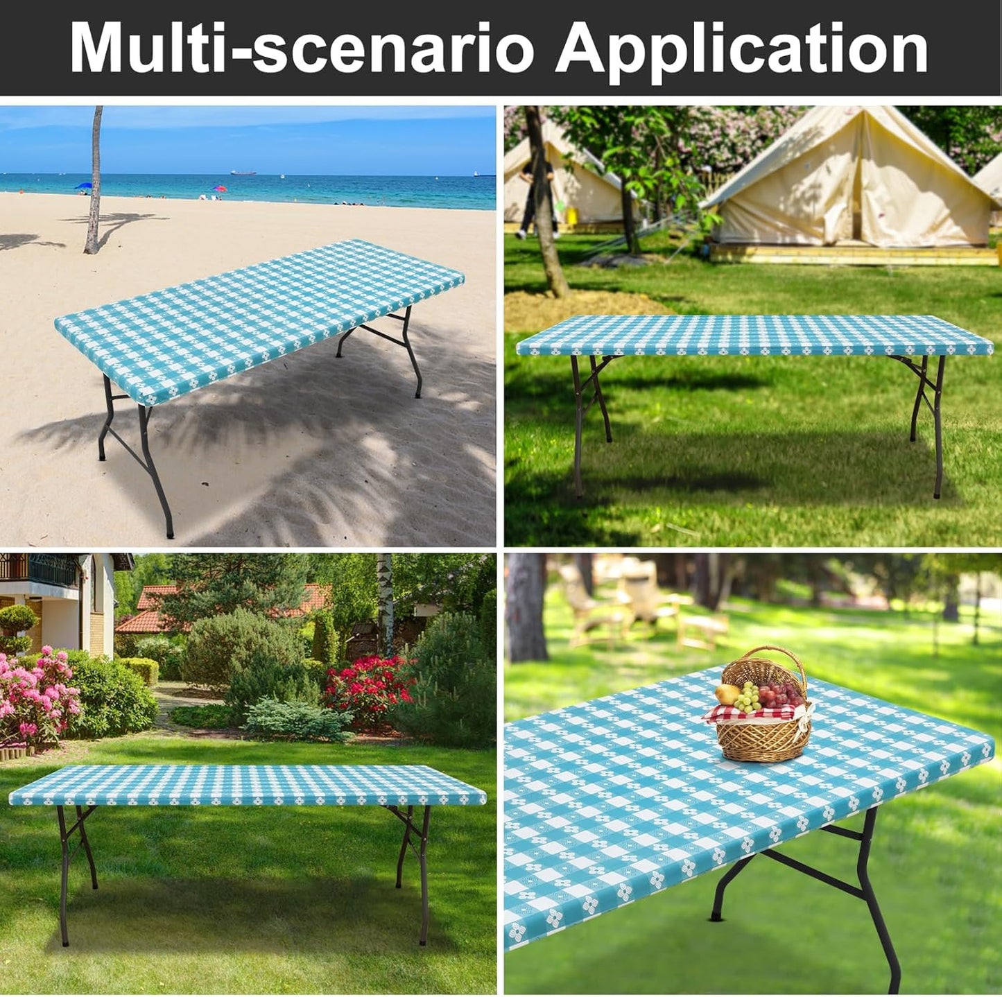 Rectangle Vinyl Table Cloth, Waterproof Elastic Fitted Tablecloth with Flannel Backing, Plastic Table Cover for Picnic, Camping, Outdoor (White & Aqua, 30"x48")