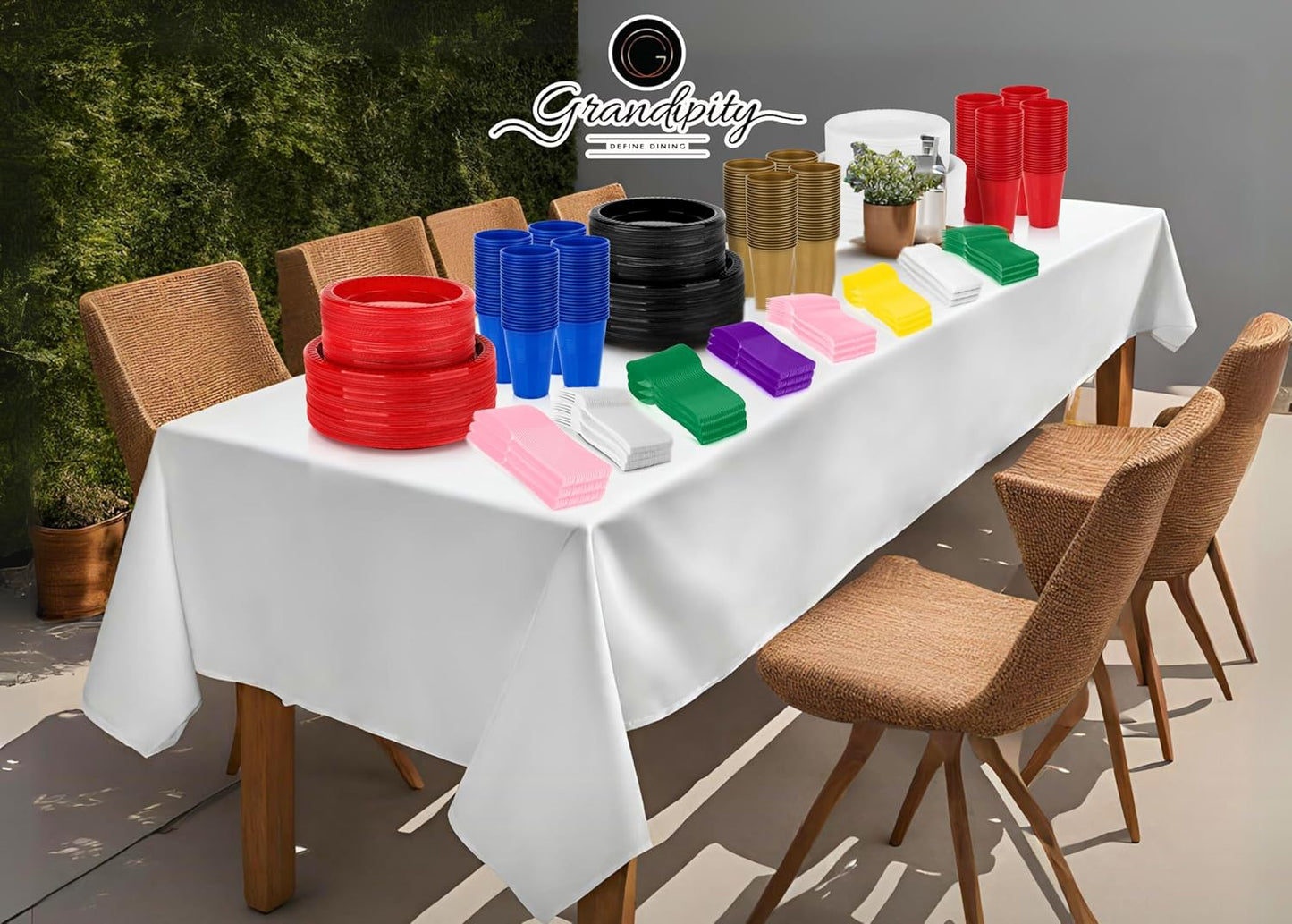 Grandipity 720 Piece Pink Disposable Dinnerware Set, Plastic Dinnerware Set Includes 120 Count 9' Dinner Plates, 7' Dessert Plates, 12oz Cups, Forks, Knives & Spoons