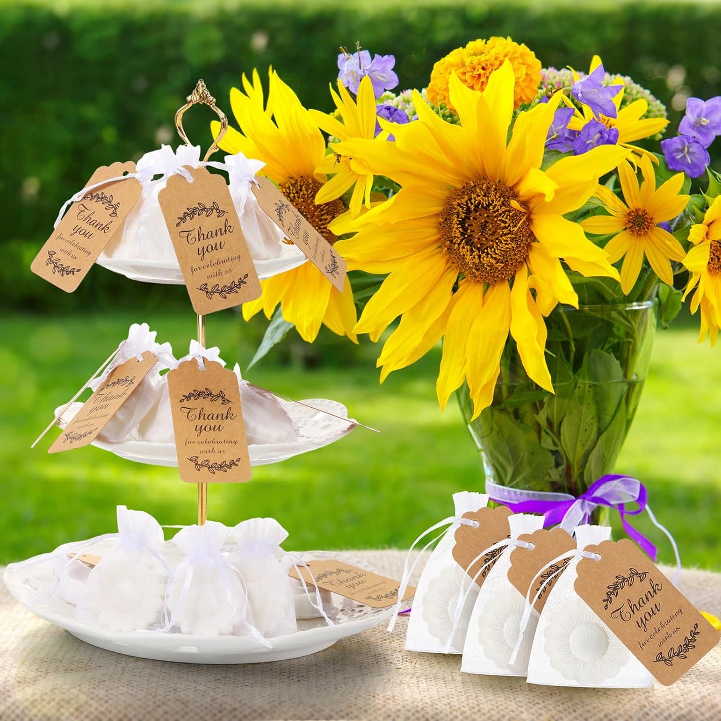 25 Set Sunflower Mini Soap for Wedding Party Favors Bridal Shower Favors Baby Shower Soap Guests Gifts Small Handmade with Drawstring Organza Bags and Thank You Cards(White)