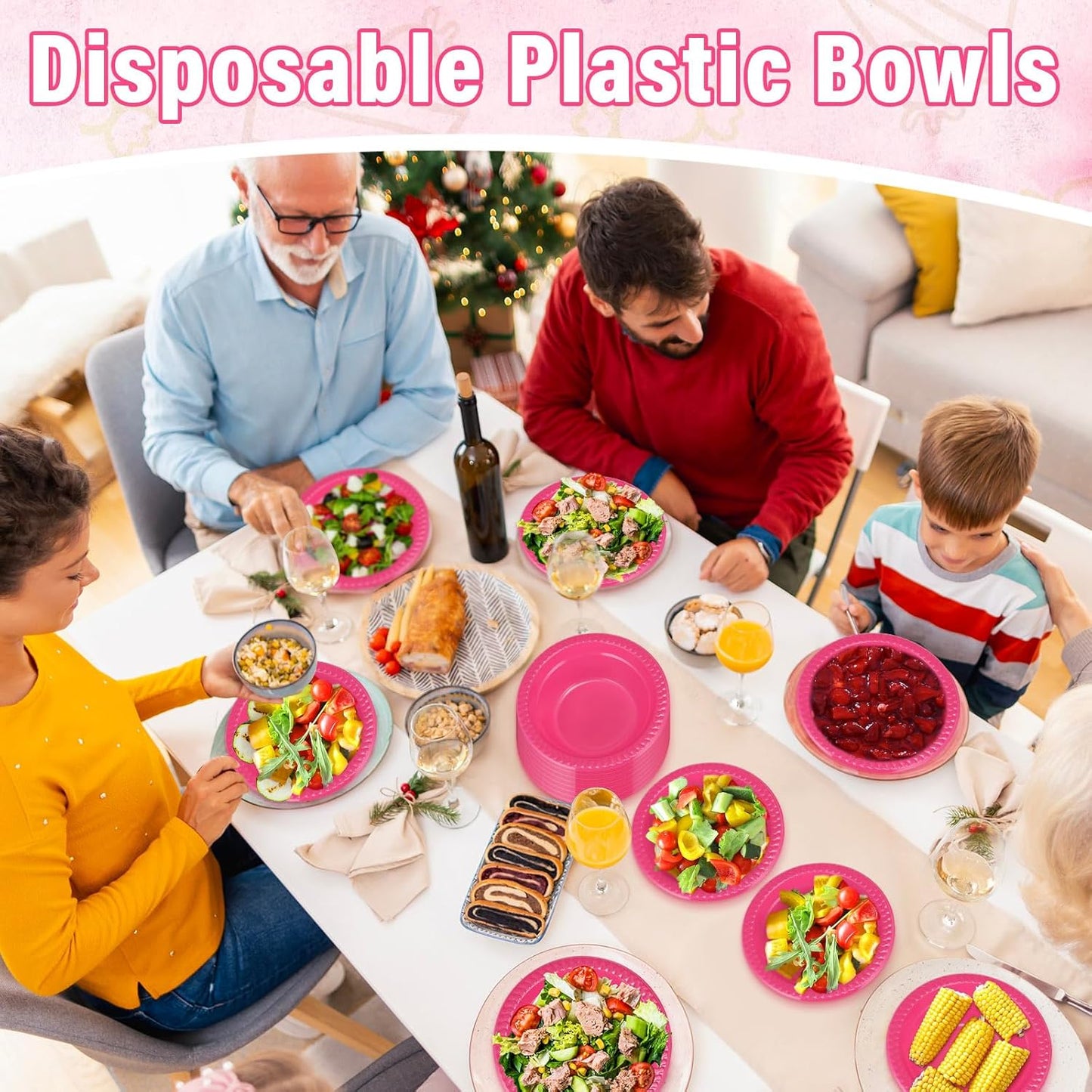 Lallisa 100 Pcs 12oz Hot Pink Disposable Plastic bowls Dessert Cups Ice Cream Snack Salad Soup Food Serving Bowls for Party Favor Picnic