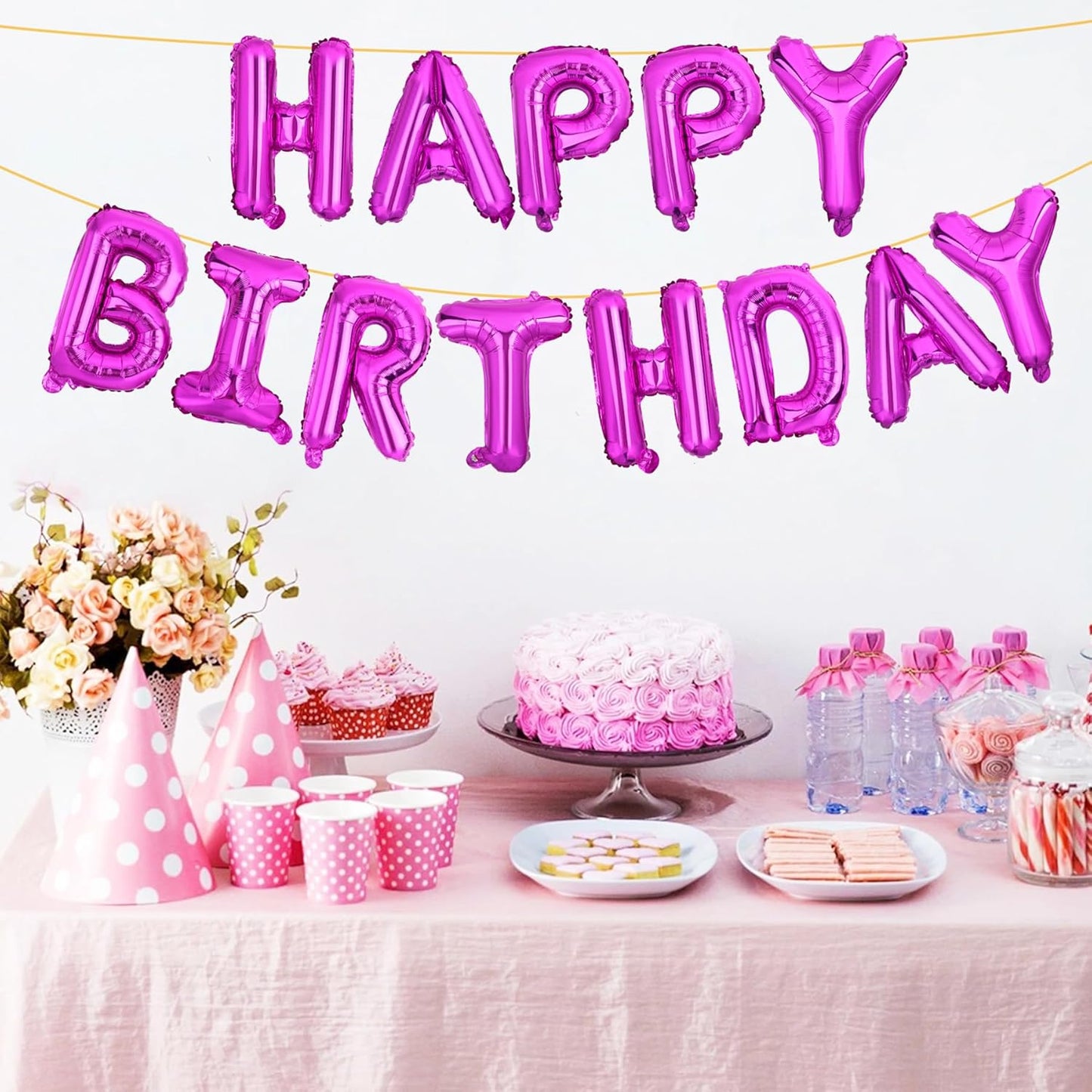 LIOZEOKUN Happy Birthday Balloon Letters 16 inch Mylar Foil Birthday Balloons Banner Sign for Birthday Party Decorations Supplies (Hot pink)