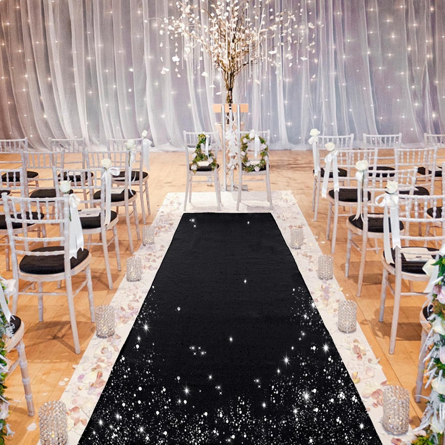 PartyDelight Black Carpet Runner for Party 2.6FTx15FT Sequin Wedding Aisle Runner Sparkly Rug for Prom Ceremony Indoor Outdoor Engagement Decoration