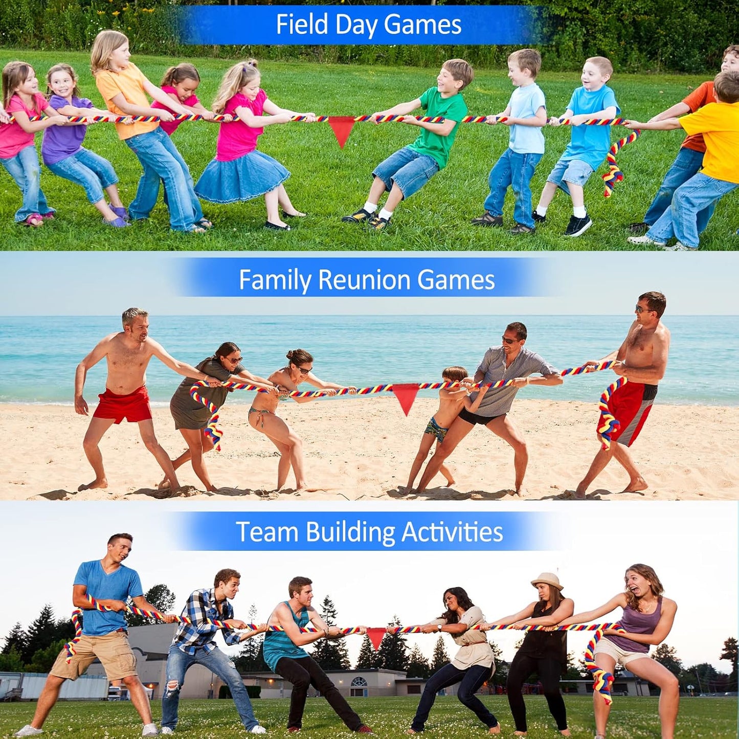 Tug of War Rope 60FT Outdoor Yard Games for Kids and Adults, Field Day Family Reunion Birthday Party Games,Carnival Game, Outside Backyard Lawn Yard Games Fun for Team Building Activities, Tricolor