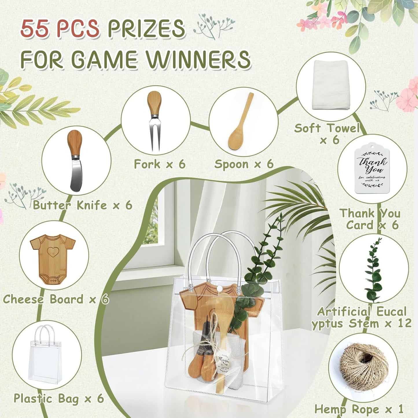 AZEAM 55Pcs Baby Shower Prizes for Game Winners, Bridal Shower Prizes with 6 Sets Clothes Cheese Board Spoon Fork Butter Knife Towel Card Plastic Bag Branch, Wedding Shower Favors for Guests