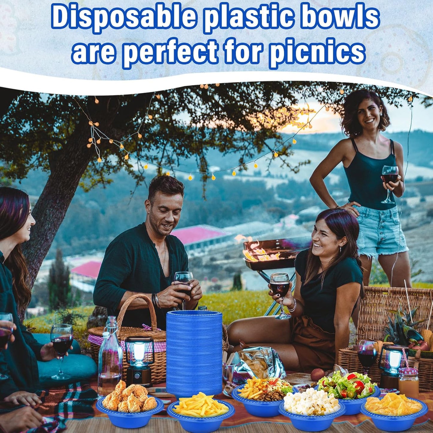 Lallisa 100 Pcs 12oz Blue Disposable Plastic Bowls Dessert Cups Ice Cream Snack Salad Soup Food Serving Bowls for Party Favor Picnic