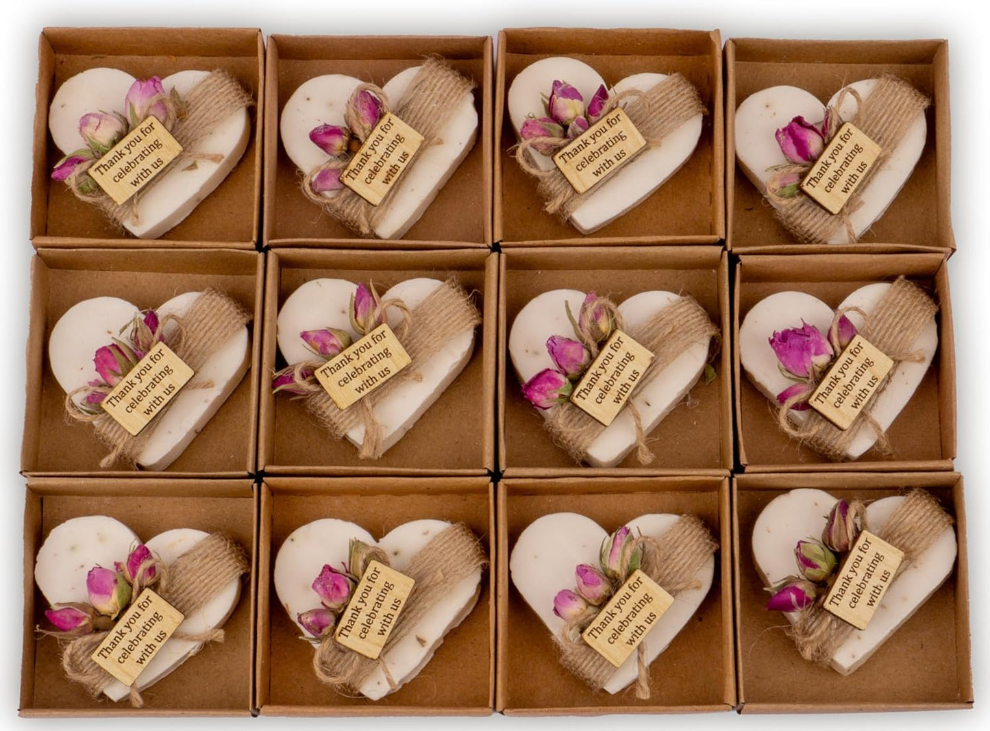 Heart Shaped Soaps 12-Pack, Handmade Scented Mini Soaps for Bridal Shower Party Favors, Tea Party, Wedding, Baby Shower & Engagement Gifts for Guests, Thanks You for Celebrating with Us Wooden Tag