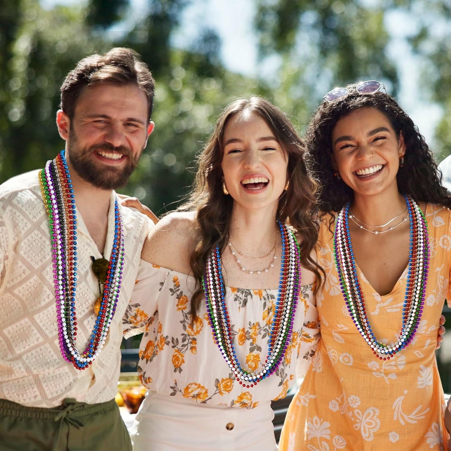 12 PCS Mardi Gras Beads Necklaces, 33" Metallic 6 Kinds Color Beaded Stuff Set, Festival Parade Throws, Colorful Assorted Carnival Costume Accessories for Christmas Parade Party Favors Decorations