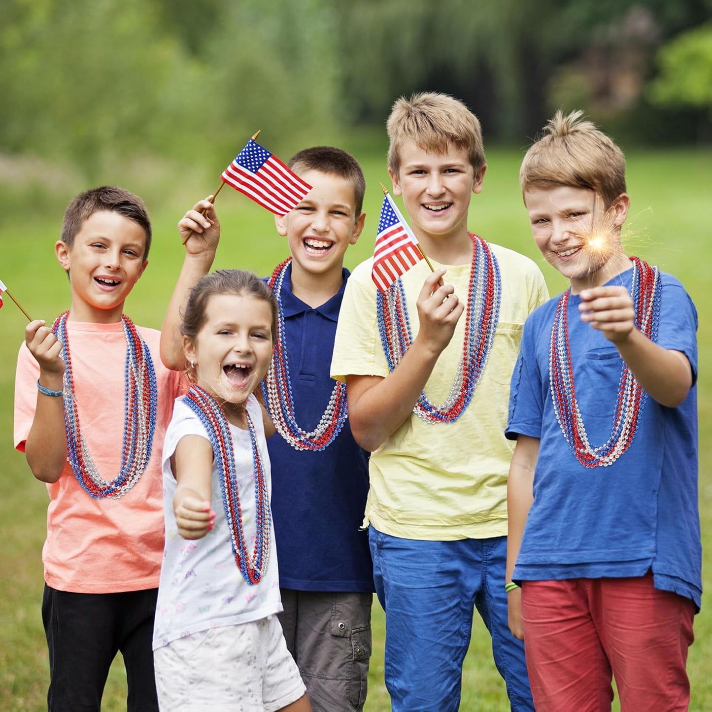 200 PCS Beads Necklace, 33" Metallic Patriotic Necklace, Red Blue Silver Fourth of July Beads Accessories Party Supplies for Adult Kids 4th of July Independence Day Memorial Day Veterans Day