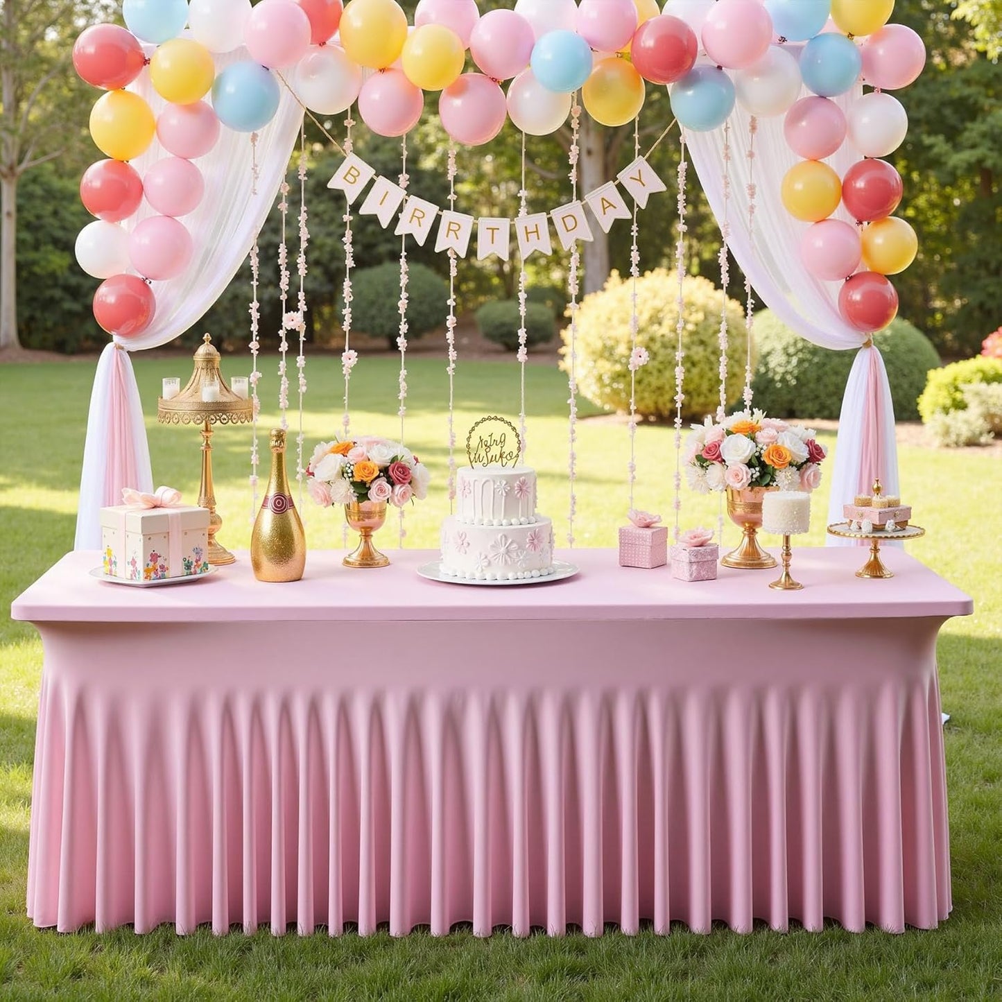 4 pk Spandex Tablecloths for 8 Foot Rectangle Tables, Pink Stretch Table Cloth 8ft Fitted Tablecover Desk Skirt for Parties Weddings Birthday Banquet Baby Shower