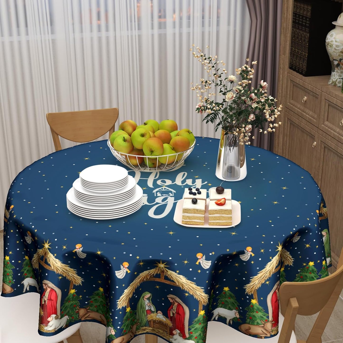 Giwawa 60inch Xmas Decorative Round Tablecloth Blue Holy Night Table Cloth for Kitchen Dining Washable Stain Resistant Polyester Table Cover for Holiday New Year Picnic Indoor Outdoor