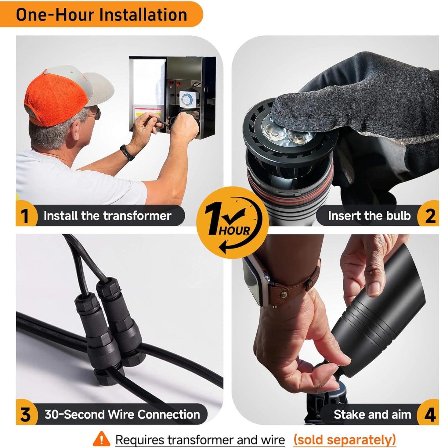 Gardenreet Brass Landscape Lighting - Black Low Voltage Spotlights Outdoor LED, 12V Wired Uplights, Waterproof Spot Lights, Adjustable Focus for Outside Trees Without MR16 Bulb (4 Pack)