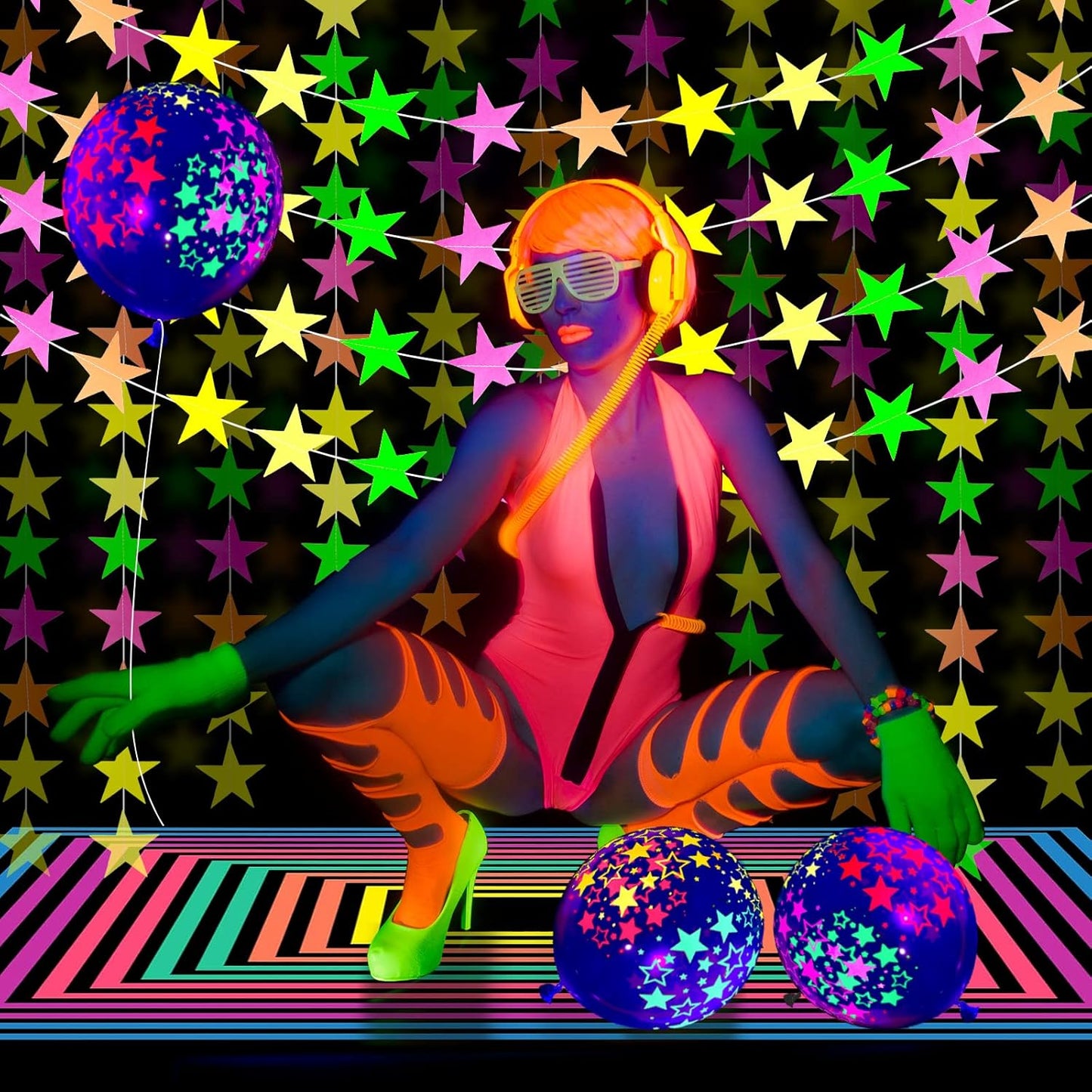 32 Pcs Glow in The Dark Party Supplies Christmas Neon Party Favors with 25 Fluorescent Balloon 6 Rolls 98.4 ft UV Blacklight Luminous Tape 14.4 ft Neon Streamer Garland for Adults(Clear Star)