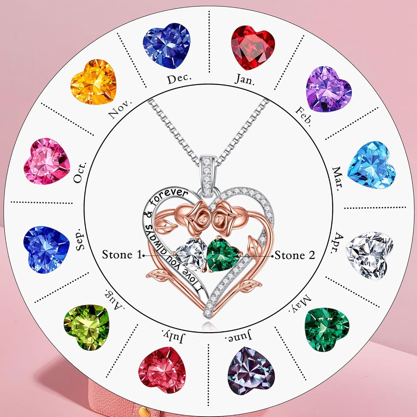 Iefil Rose Heart Double Birthstone Necklace Gifts for Wife Her Mom Women, Birthstone Jewelry Gemstone Birthday Gifts for Girlfriend Grandma Her Wife Women