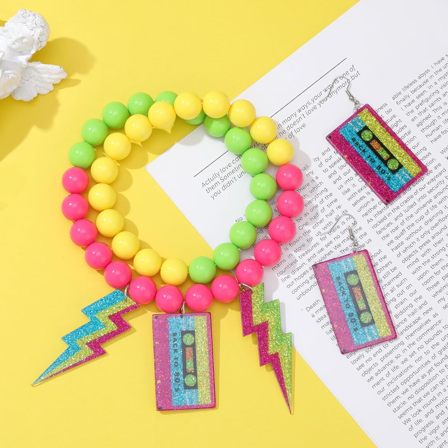 80s Outfits Costume Accessories for Women 80s Necklace Neon Beaded Necklaces for Glow Party Beads Necklaces with Lightning Earrings Tape Neon Jewelry Set for Women 80's Party Favors Decorations