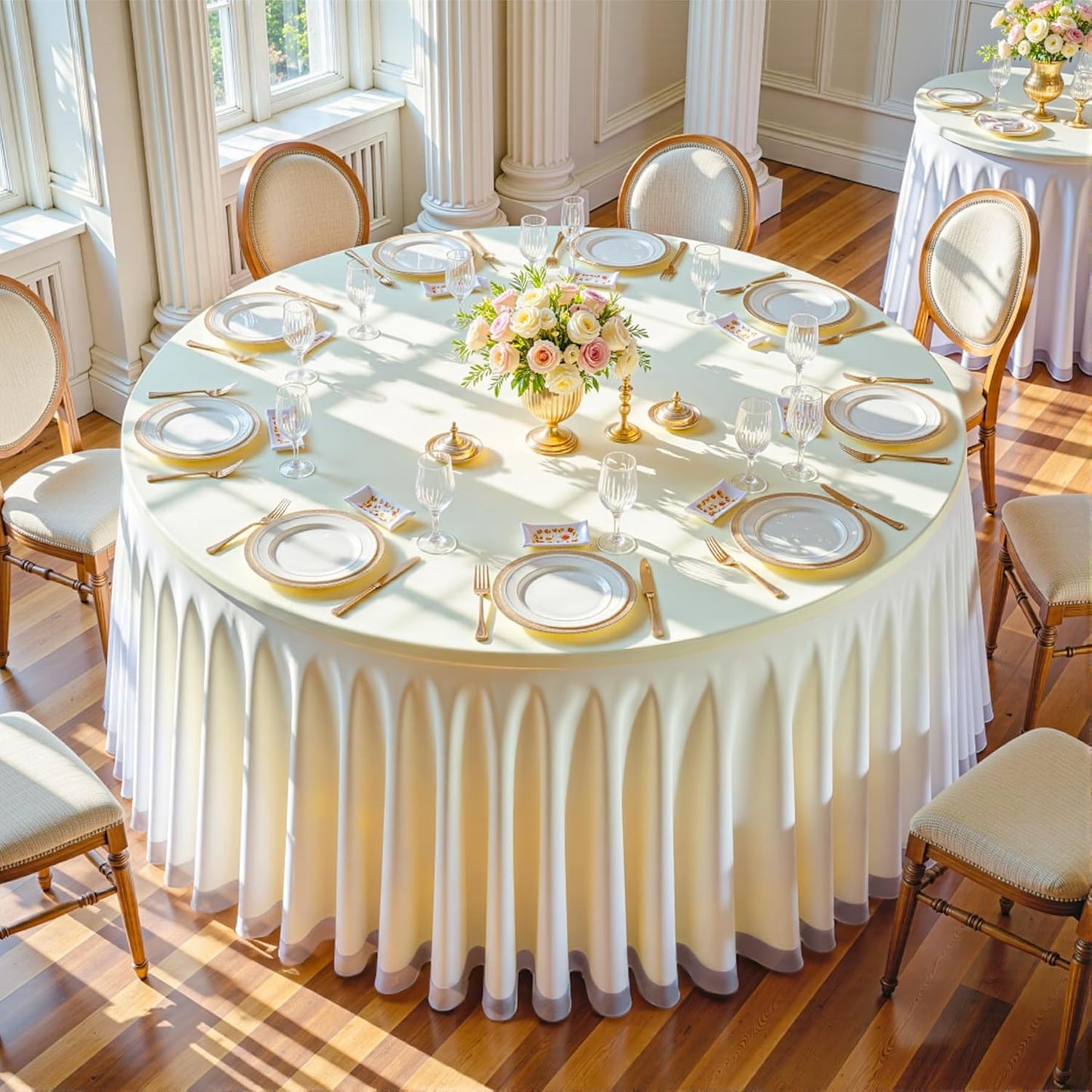Ivory Tulle Round Tablecloth for 60 inch Tables, Spandex Fitted 5FT Ivory Round Table Covers with Tulle Skirt for Baby Shower Wedding Birthday Party Cake Banquet Table Decoration
