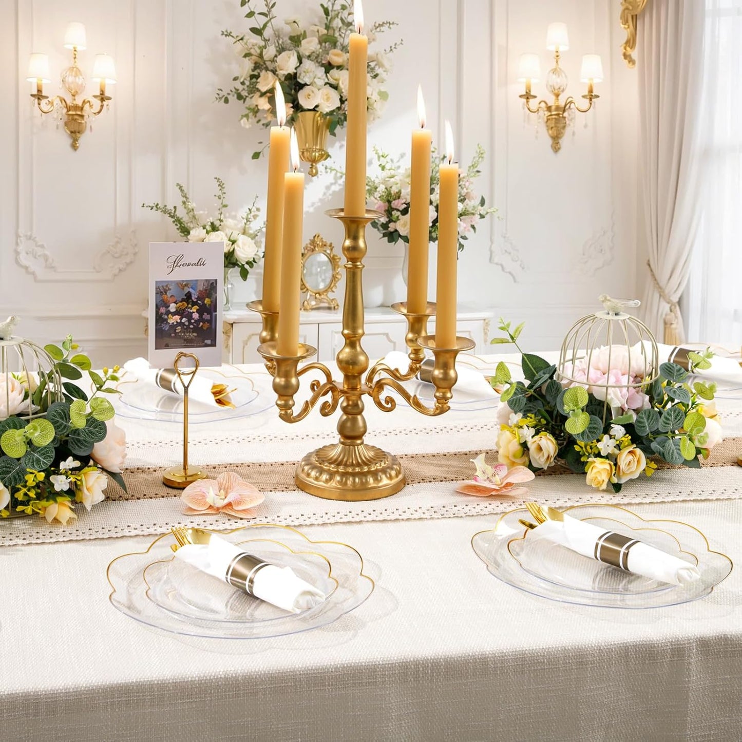 Supernal 100 Pack Gold Plastic Silverware,Pre Rolled Silverware Set Disposable,Gold Disposable Utensils Includes 100 Plastic Forks Spoons and Knives Set,and 100 Napkins for Wedding,Birthday, Party