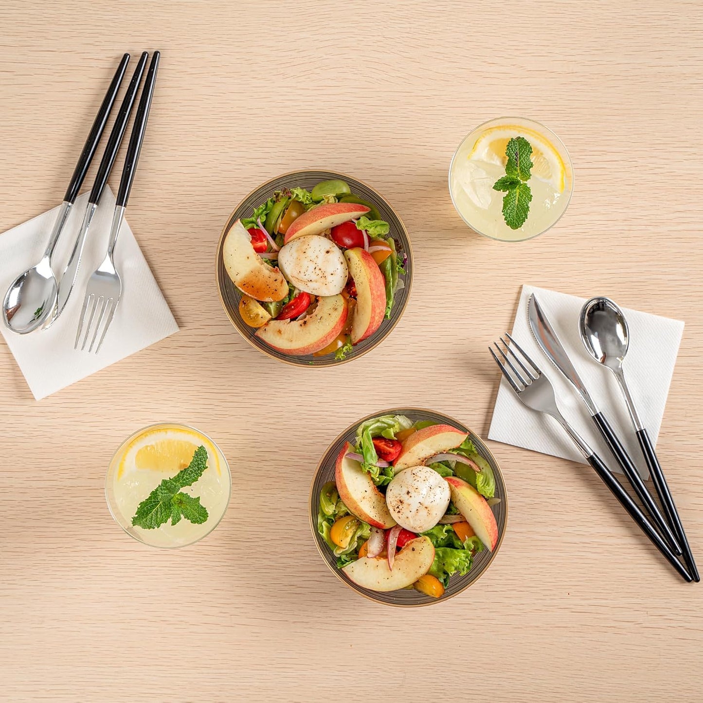 Restaurantware Plastic Bowls 100 Pcs 16 oz Gold Rimmed Disposable Soup Bowls Heavy-Duty Black Translucent Rippled Dinnerware Containers for Party, Desserts, Salads, Snacks, and Catering