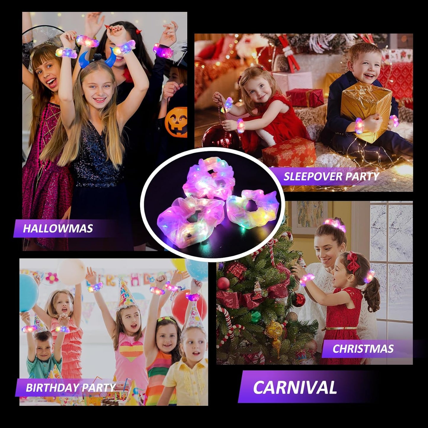 4Pcs Multi-Mode Light Up Scrunchies - Glow Hair Accessories for Women, Girls, Rave, Neon Party, Halloween & Christmas