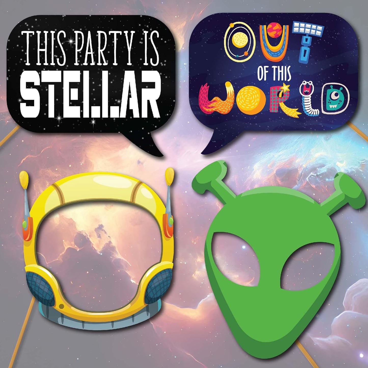 Space Photo Booth Props - 41-pc Photobooth Kit with 8 x 10-Inch Sign, 60 Adhesive Pads, 45 Sticks - Space Party Decor - Space Props - Out of This World Party Decorations