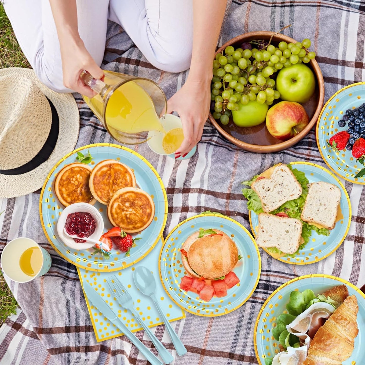 Light Blue and Gold Plates and Napins Party Supplies, Severs 25 Disposable Party Dinnerware Include Forks Knives Spoons Napkins Cups for Birthday, Wedding Baby Shower,Boys Birthday,Anniversary