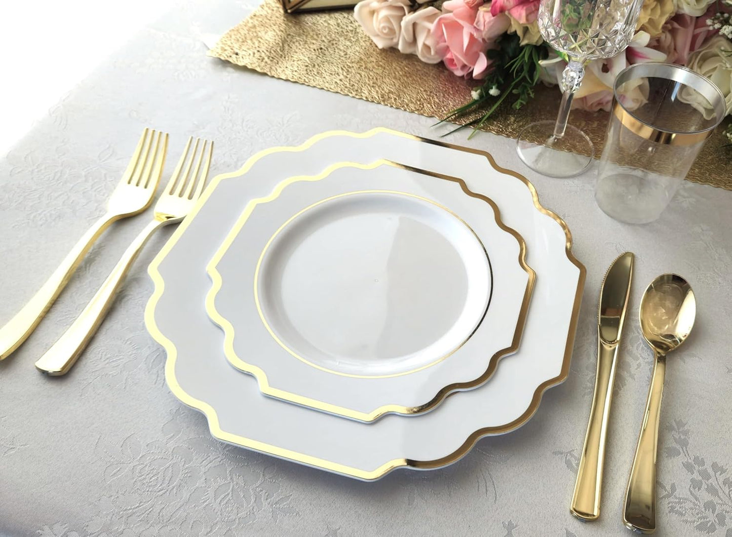 " OCCASIONS " 120 Plates Pack,(60 Guests) Heavyweight Wedding Party Disposable Plastic Plates Set -60 x 10.5'' Dinner + 60 x 8'' Salad/Dessert Plate (Imperial White & Gold)