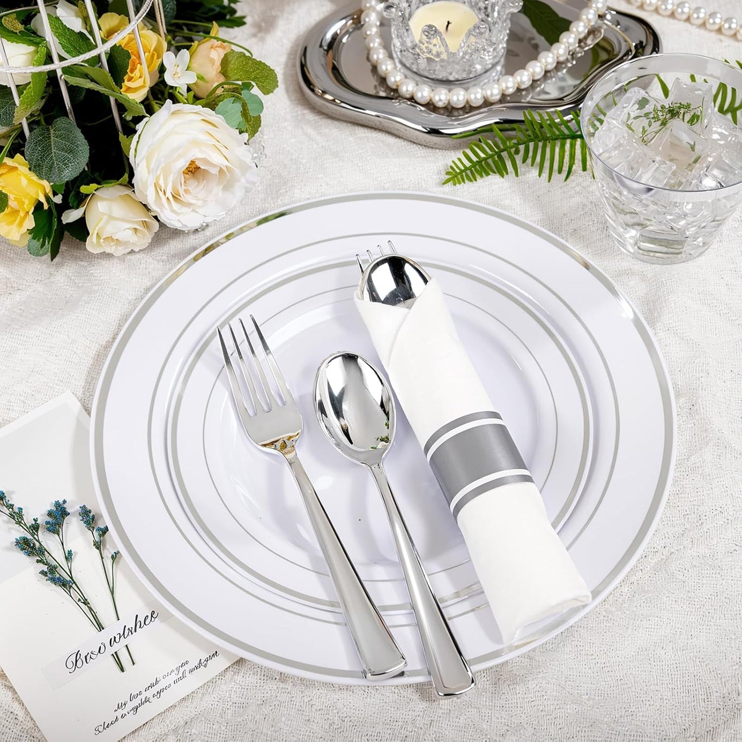 WELLIFE 700 Pcs Silver Plastic Plates for 100 Guests - Party Supplies Includes 200 Plastic Plates,300 Silver Silverware,100 Napkins,100 Cups for Party,Disposable Dinnerware Set