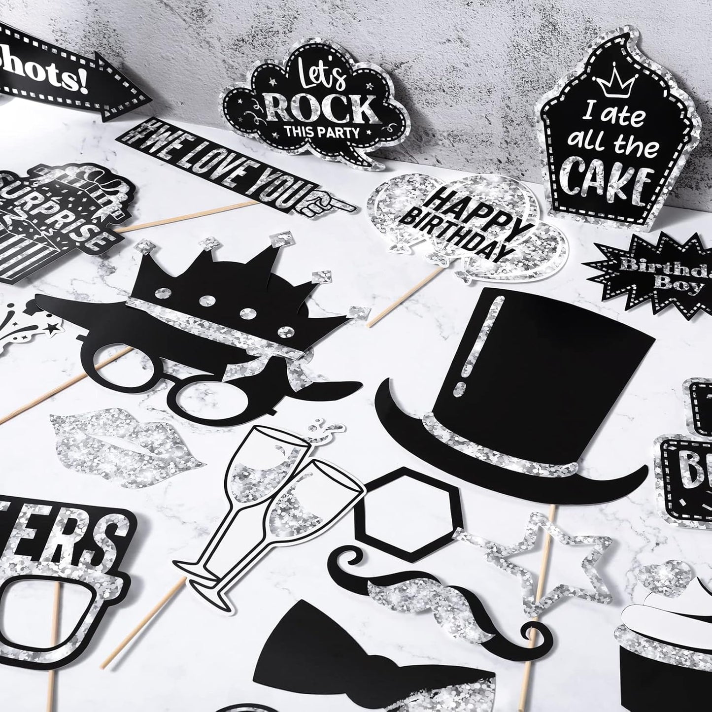 Outus 36 Pcs Birthday Photo Booth Props Kit Happy Birthday Graduation Wedding Party Favors Supplies Bday Party Decor 40th- 50th-60th Photobooth Funny Cute Holiday Selfie Supplies(Silver and Black)