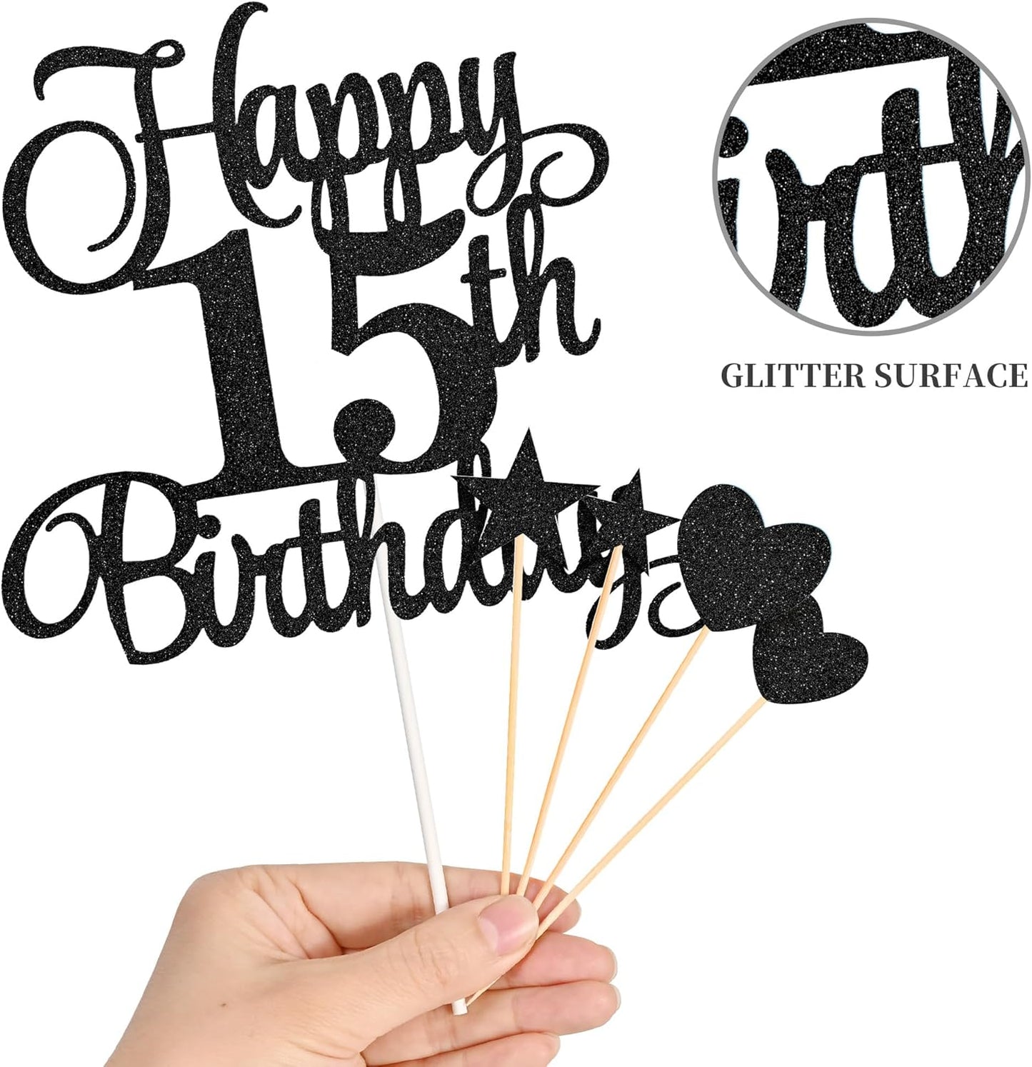 15th Birthday Cake Decorations, 15th Birthday Candles Cake Numeral Candles and Glitter Happy 15th Birthday Cake Toppers Set for Birthday Party Supplies (Black)