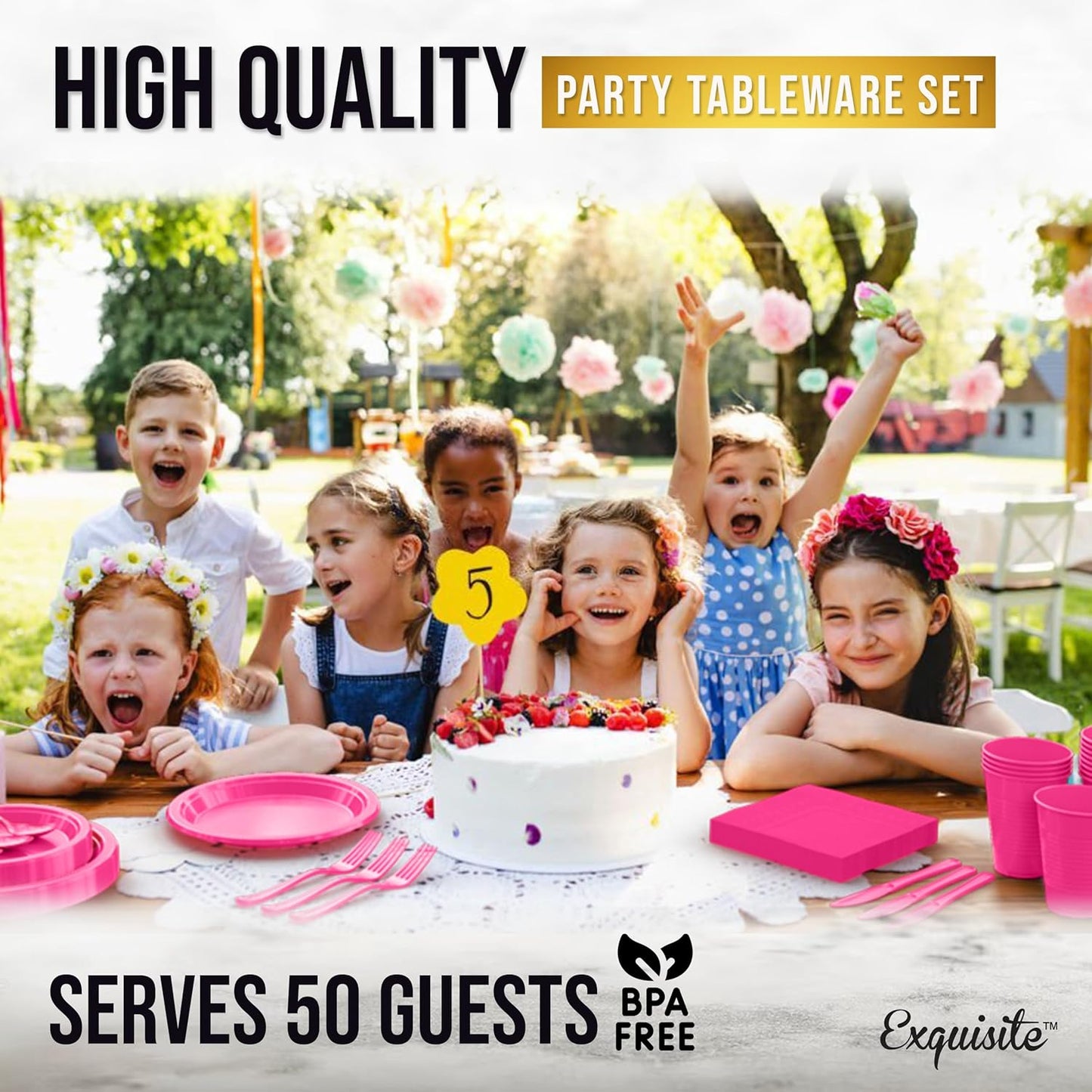 350 Pcs Cerise Plastic Plates For Party, Cerise Disposable Plates Set, 50 Of Each 9" Dinner Plate Set, 7" Dessert Plate, Cups, Napkins & Cutlery Plastic Dinnerware Exquisite