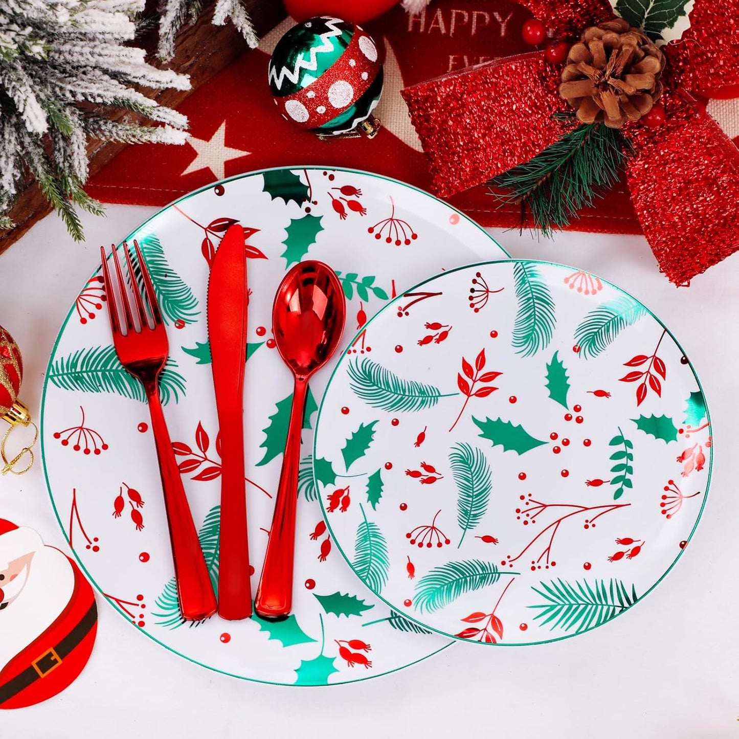NOCCUR 60PCS Christmas Disposable Plates - Green & Red Plastic Dinner Plates, 30 Dinner & 30 Salad Plates - Pine Needle & Berry Design, Heavy Duty for Christmas Parties