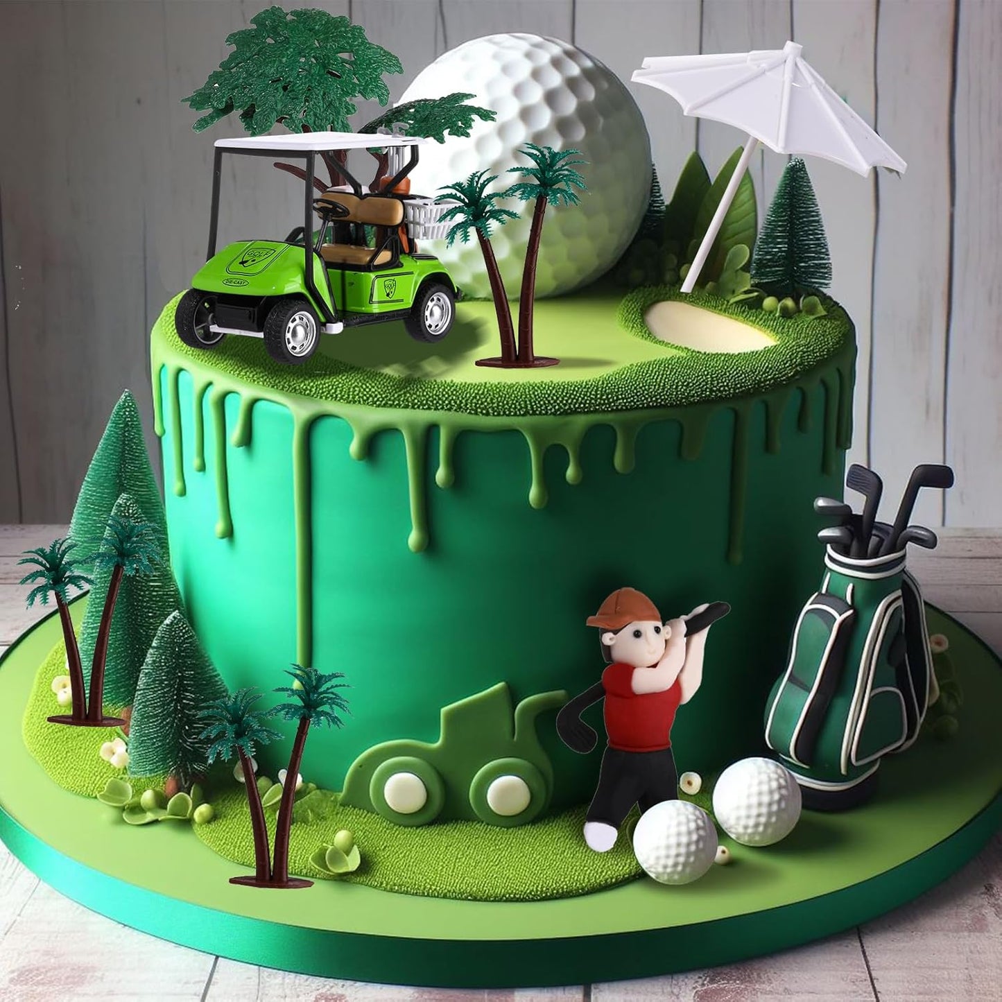 RAYNAG 19 Pieces Golf Cake Topper Birthday Decorations Party Supplies With Clay Figurine Cart Sun Umbrella Ball Green Tree for Themed Cake Decorations Party Favors